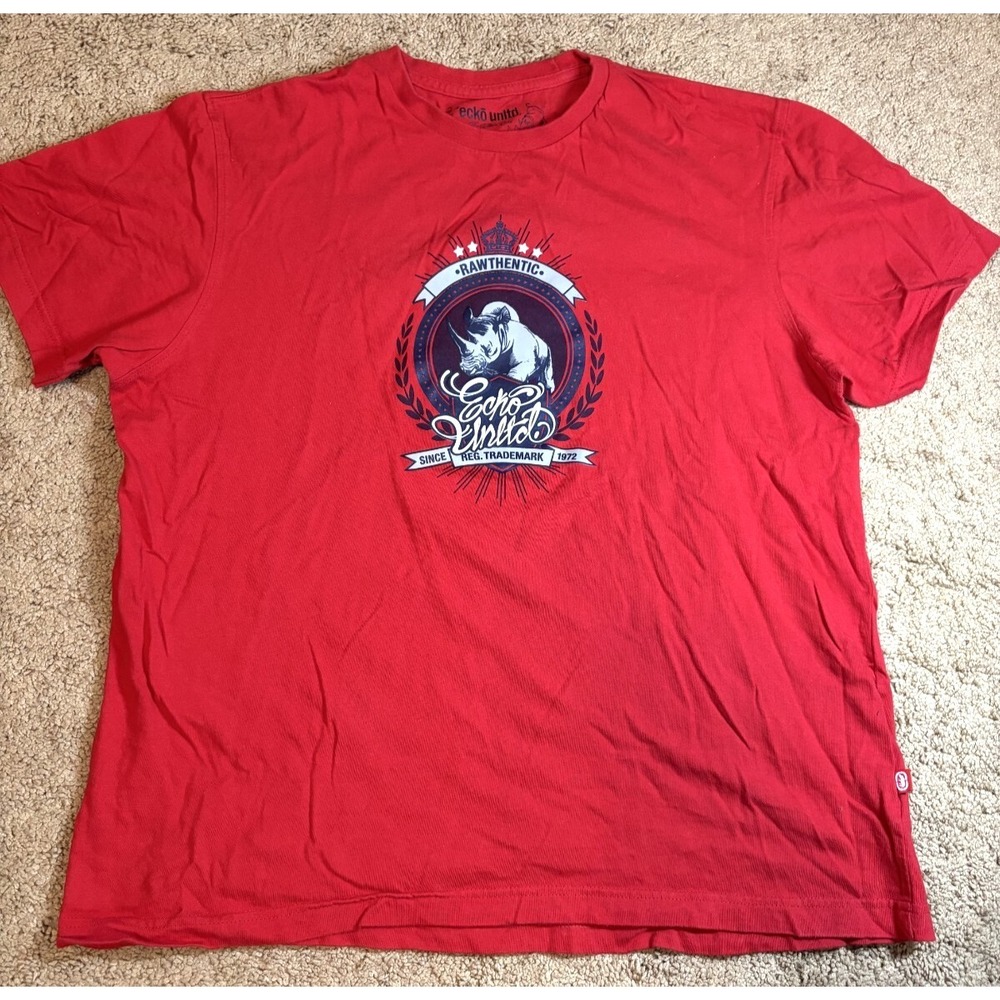 Ecko Unltd Short Sleeve Shirt Men's Size L Red and White Logo Y2K Rhino